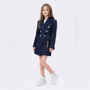 BALMAIN Kids Double-Breasted Long Sleeved Denim Blazer & Skirt Set Size 6(Girls)